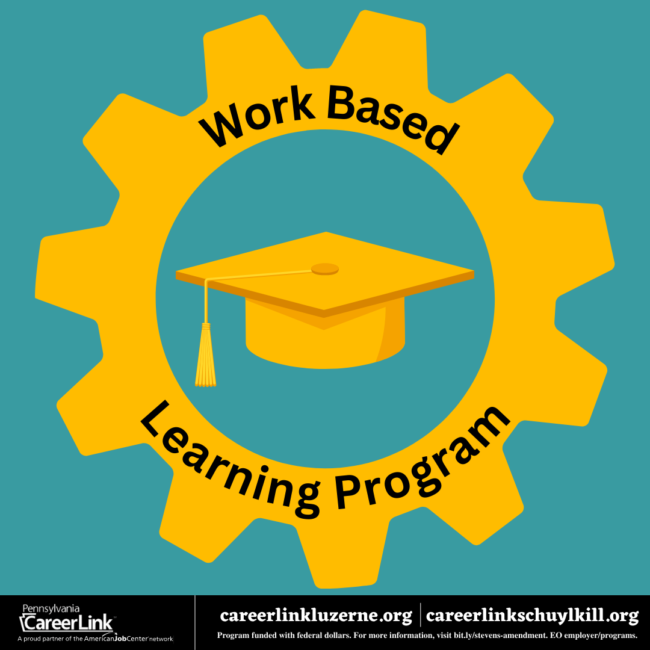 illustration of a gold graduation cap in a gold gear with the words Work Based Learning Program